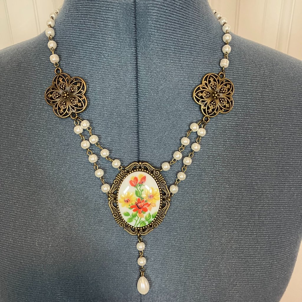 Handcrafted Vintage Floral Glass Cabochon Necklace -19